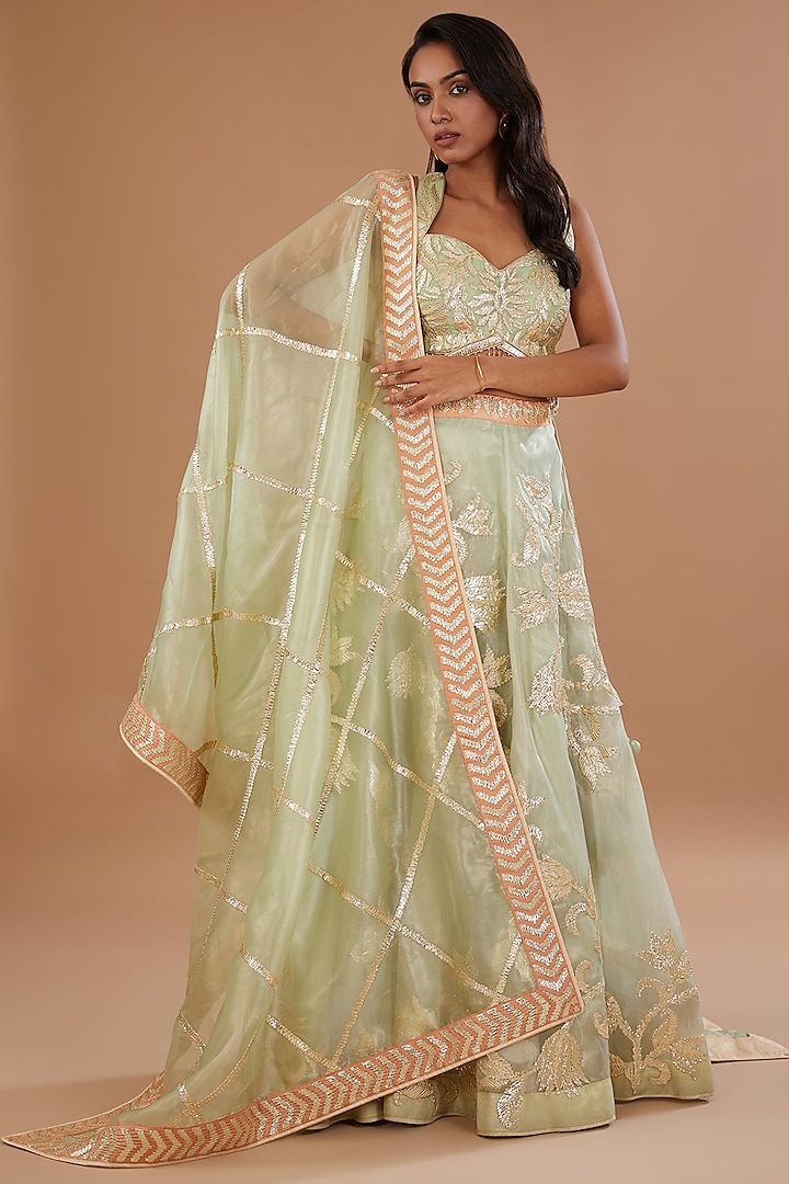 Mint Green Organza Gota Embroidered Lehenga Set by Vandana Sethi