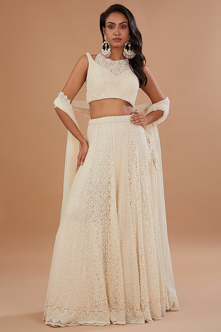 Ivory Chikankari Pearl Embroidered Bridal Lehenga Set by Vandana Sethi at Pernia's Pop Up Shop