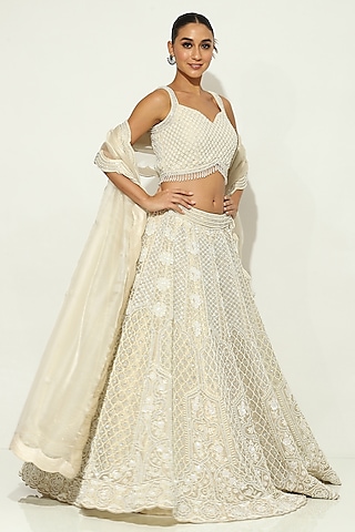 Ivory Shimmer Organza Pearl Embellished Lehenga Set by Vandana Sethi