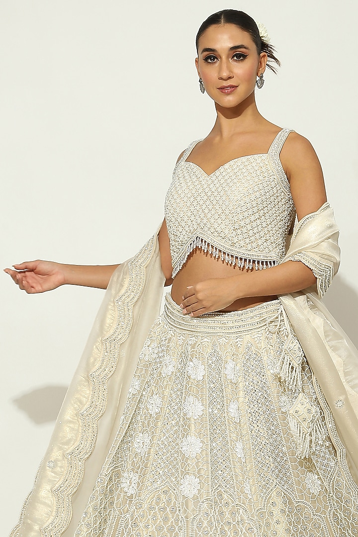 Ivory Shimmer Organza Pearl Embellished Bridal Lehenga Set by Vandana Sethi at Pernia's Pop Up Shop