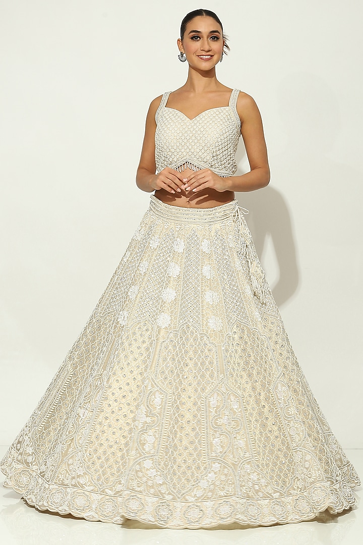 Ivory Shimmer Organza Pearl Embellished Bridal Lehenga Set by Vandana Sethi at Pernia's Pop Up Shop