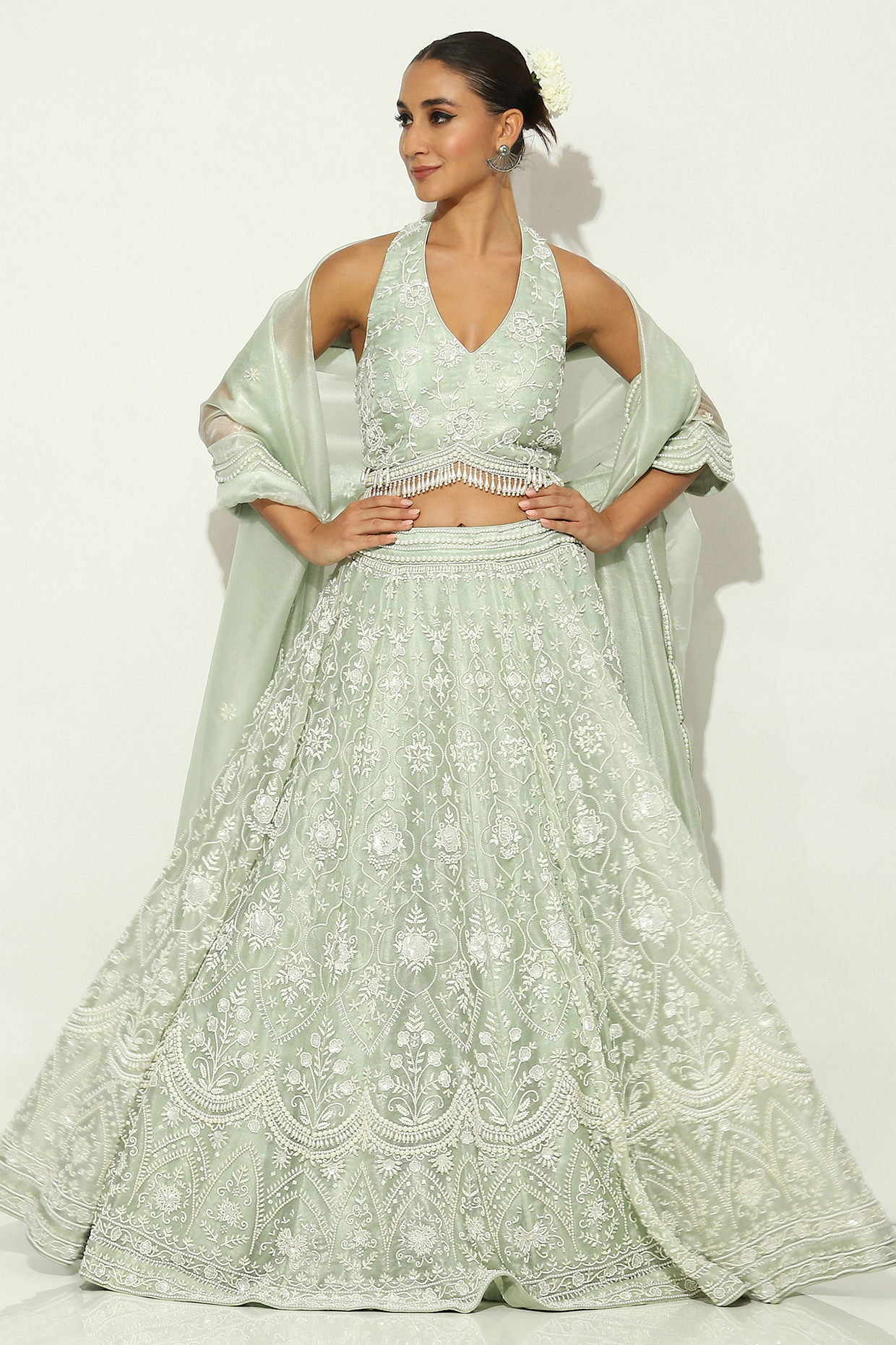 Mint Green Shimmer Organza Pearl Embellished Bridal lehenga for 22 Lehenga Set by Vandana Sethi at Pernia's Pop Up Shop