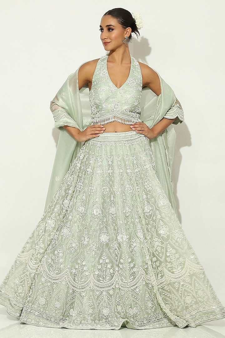 Mint Green Shimmer Organza Pearl Embellished Bridal lehenga for 22 Lehenga Set by Vandana Sethi at Pernia's Pop Up Shop