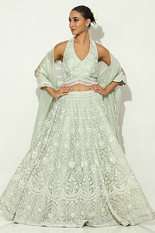 Mint Green Shimmer Organza Pearl Embellished Lehenga Set by Vandana Sethi