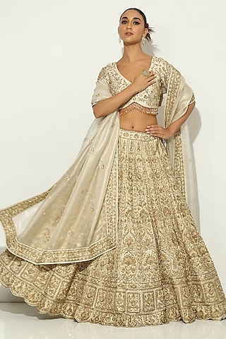 Ivory & Gold Shimmer Raw Silk Zardosi Embroidered Lehenga Set by Vandana Sethi