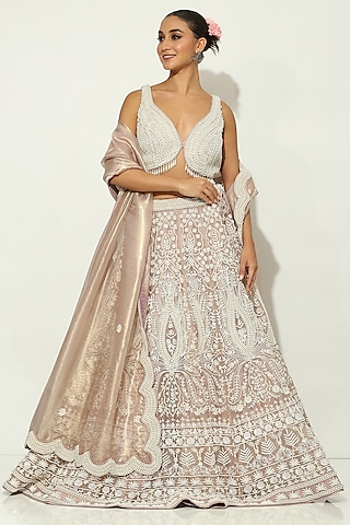 Light Purple Shimmer Organza Pearl Embellished Lehenga Set by Vandana Sethi
