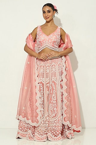 Blush Pink Organza Pearl Embellished Lehenga Set by Vandana Sethi
