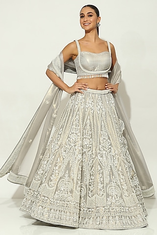 Grey Shimmer Organza Pearl Embellished Lehenga Set by Vandana Sethi
