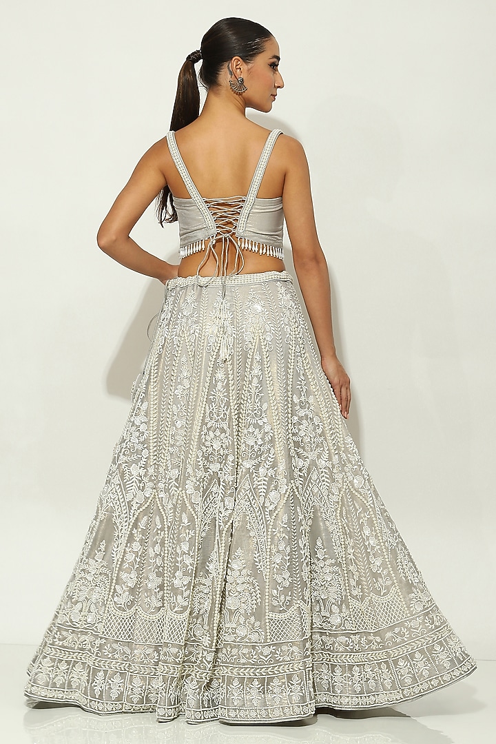 Grey Shimmer Organza Pearl Embellished Bridal Lehenga Set by Vandana Sethi at Pernia's Pop Up Shop