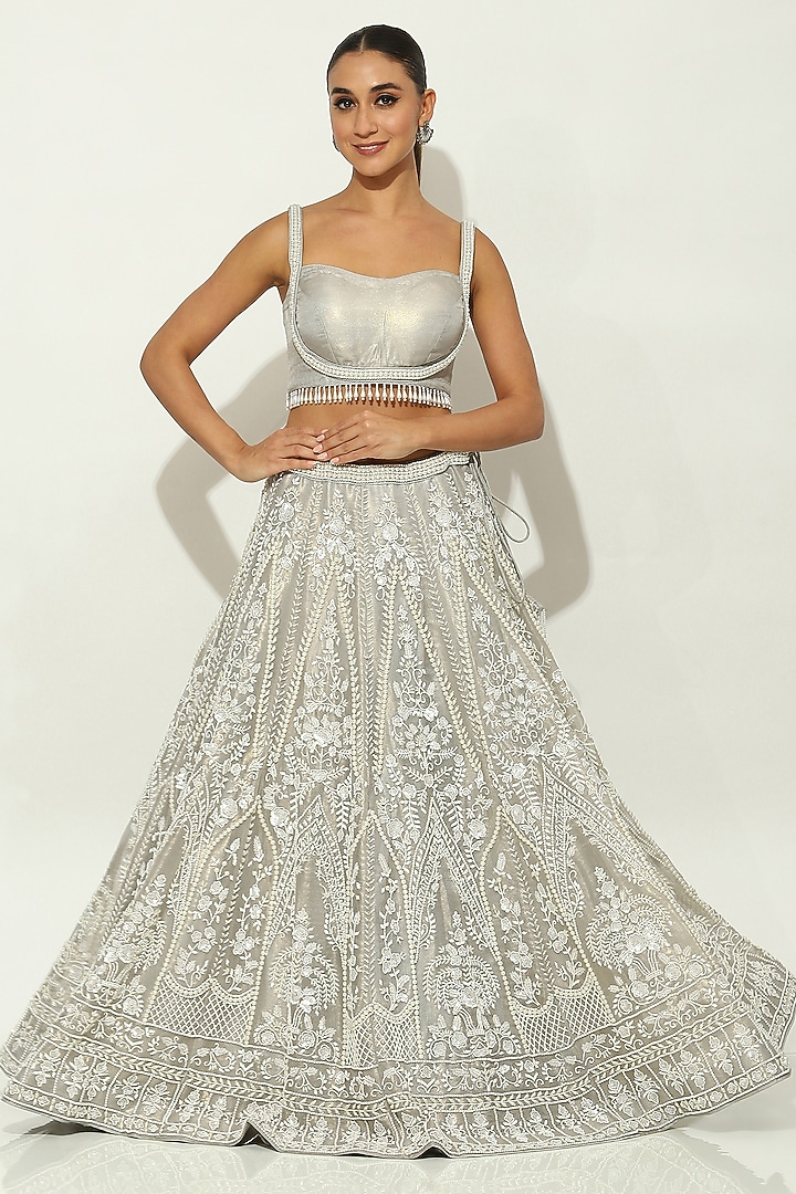 Grey Shimmer Organza Pearl Embellished Bridal Lehenga Set by Vandana Sethi at Pernia's Pop Up Shop