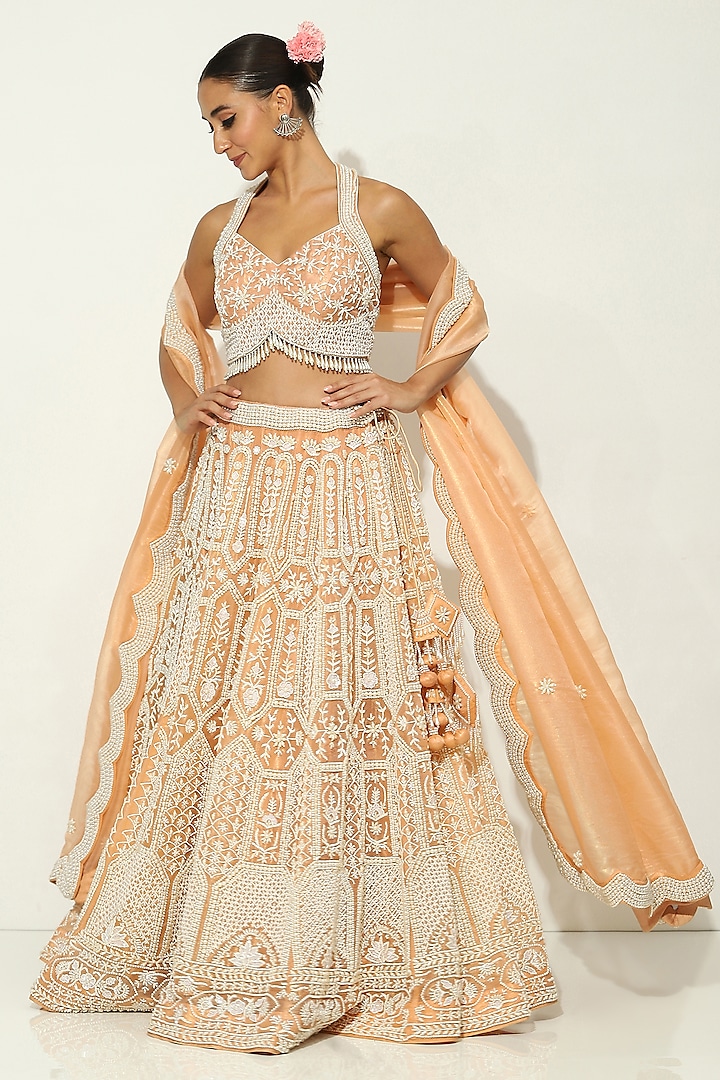 Peach Organza Pearl Embellished Bridal lehenga for 22 Lehenga Set by Vandana Sethi at Pernia's Pop Up Shop