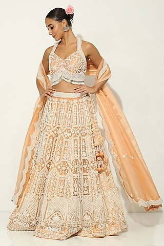 Peach Organza Pearl Embellished Lehenga Set by Vandana Sethi