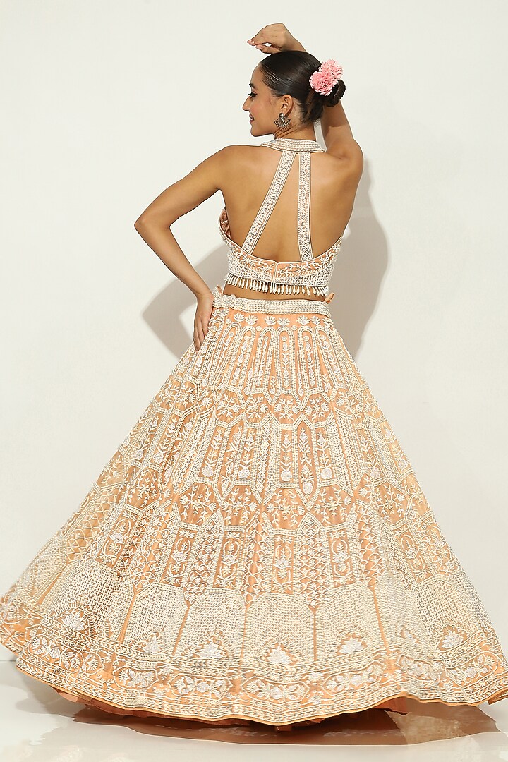 Peach Organza Pearl Embellished Bridal Lehenga Set by Vandana Sethi at Pernia's Pop Up Shop