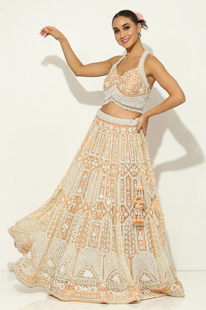 Peach Organza Pearl Embellished Bridal Lehenga Set by Vandana Sethi at Pernia's Pop Up Shop