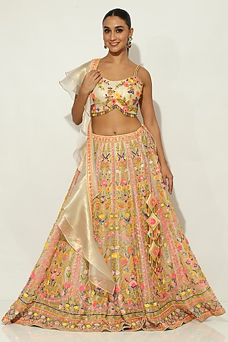 Ivory Shimmer Organza Bead Embellished Lehenga Set by Vandana Sethi