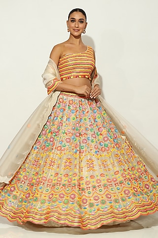 Ivory Shimmer Organza Bead Embellished Lehenga Set by Vandana Sethi
