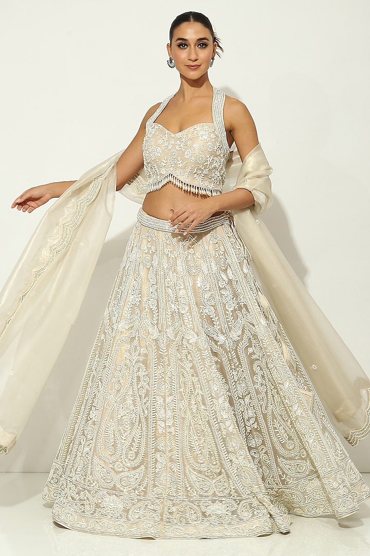 Light Beige Shimmer Organza Pearl Embellished Bridal Lehenga Set by Vandana Sethi at Pernia's Pop Up Shop