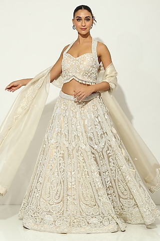 Light Beige Shimmer Organza Pearl Embellished Lehenga Set by Vandana Sethi