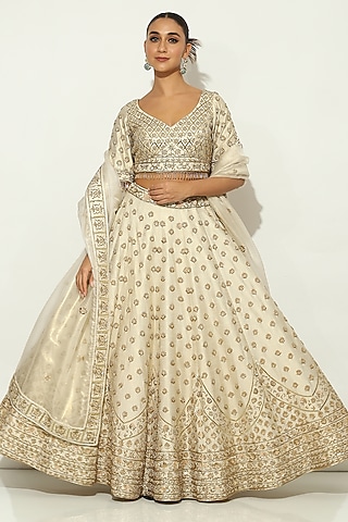 Ivory Shimmer Raw Silk Zardosi Embroidered Lehenga Set by Vandana Sethi