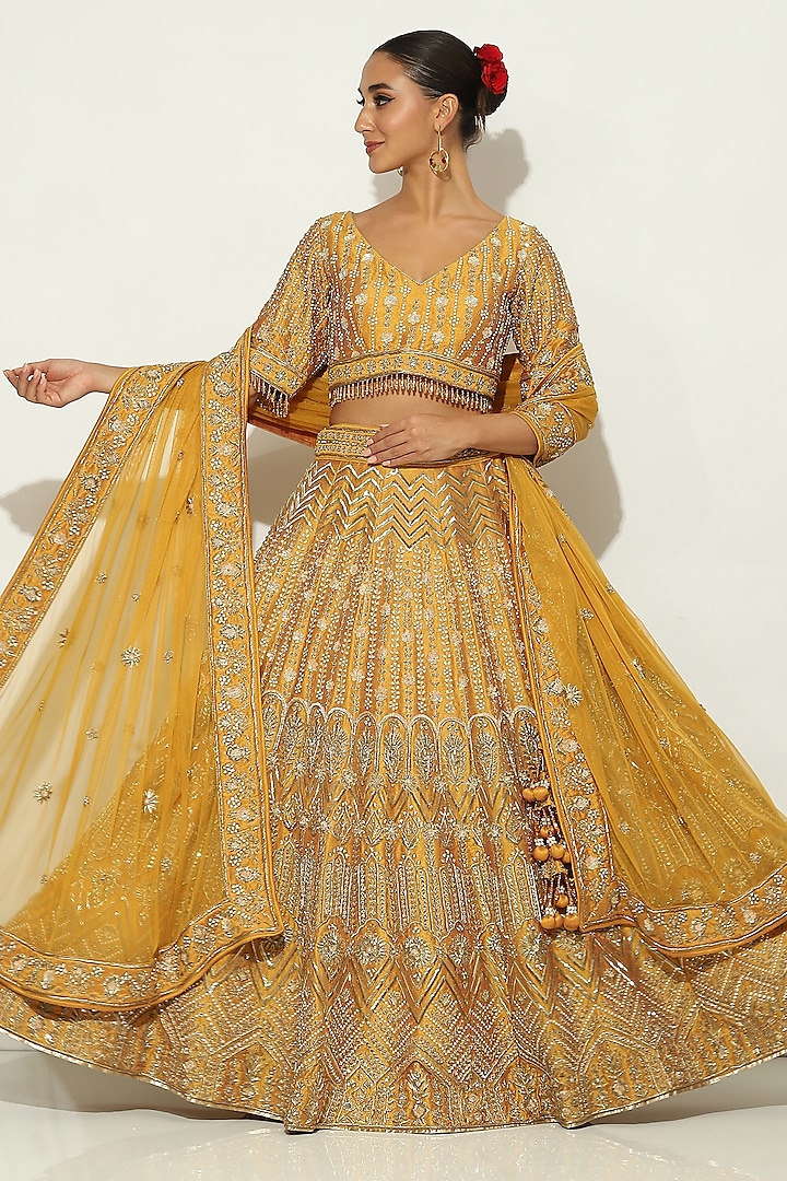 Mustard Gold Dupion Silk Zardosi Embroidered Bridal Lehenga Set by Vandana Sethi at Pernia's Pop Up Shop