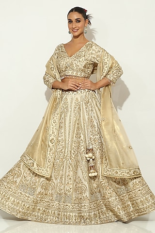 Ivory Shimmer Raw Silk Zardosi Embroidered Lehenga Set by Vandana Sethi
