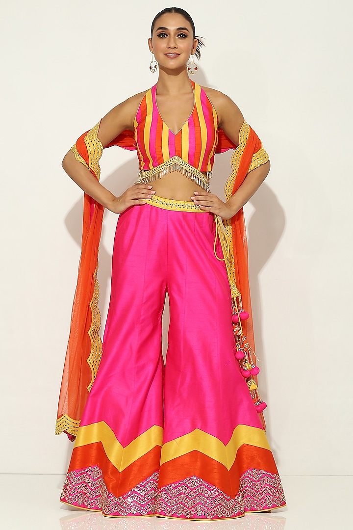 Fuchsia Dupioni Silk Mirror Embellished Sharara Set by Vandana Sethi at Pernia's Pop Up Shop