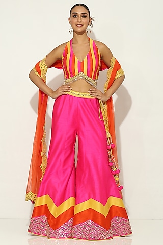 Fuchsia Dupioni Silk Mirror Embellished Sharara Set by Vandana Sethi