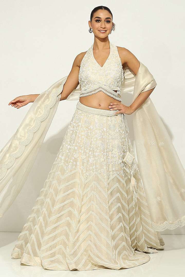 Ivory Shimmer Organza Pearl Embroidered Bridal Lehenga Set by Vandana Sethi at Pernia's Pop Up Shop