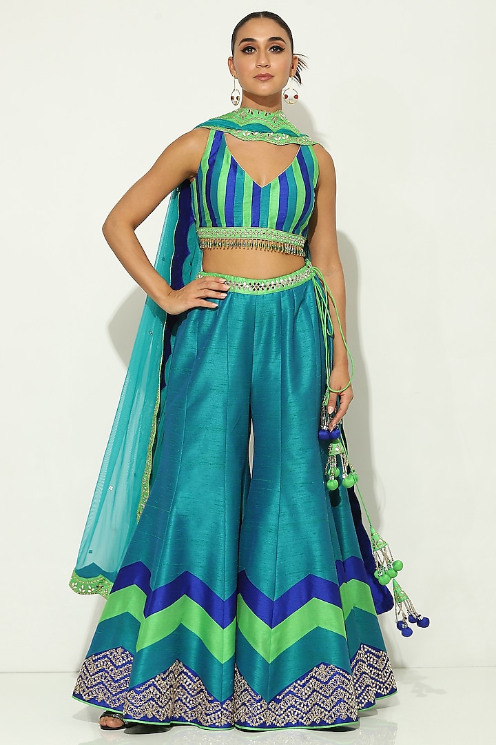 Green Dupion Silk Mirror Embellished Sharara Set by Vandana Sethi at Pernia's Pop Up Shop