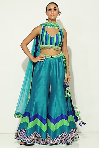 Green Dupion Silk Mirror Embellished Sharara Set by Vandana Sethi