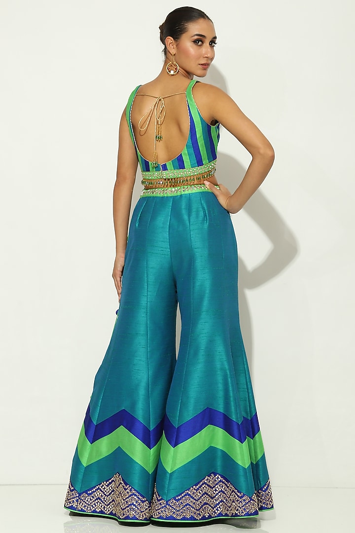 Green Dupion Silk Mirror Embellished Bridal Sharara Set by Vandana Sethi at Pernia's Pop Up Shop