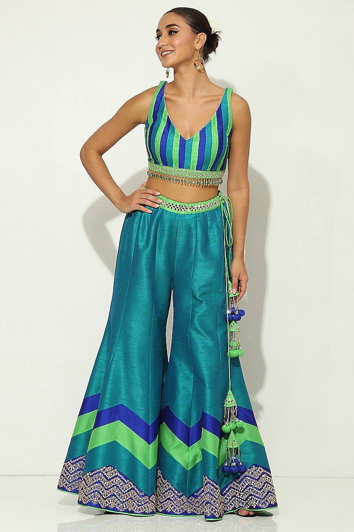 Green Dupion Silk Mirror Embellished Bridal Sharara Set by Vandana Sethi at Pernia's Pop Up Shop
