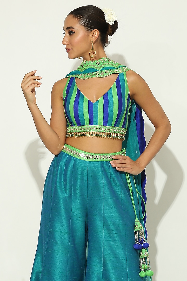 Green Dupion Silk Mirror Embellished Bridal Sharara Set by Vandana Sethi at Pernia's Pop Up Shop