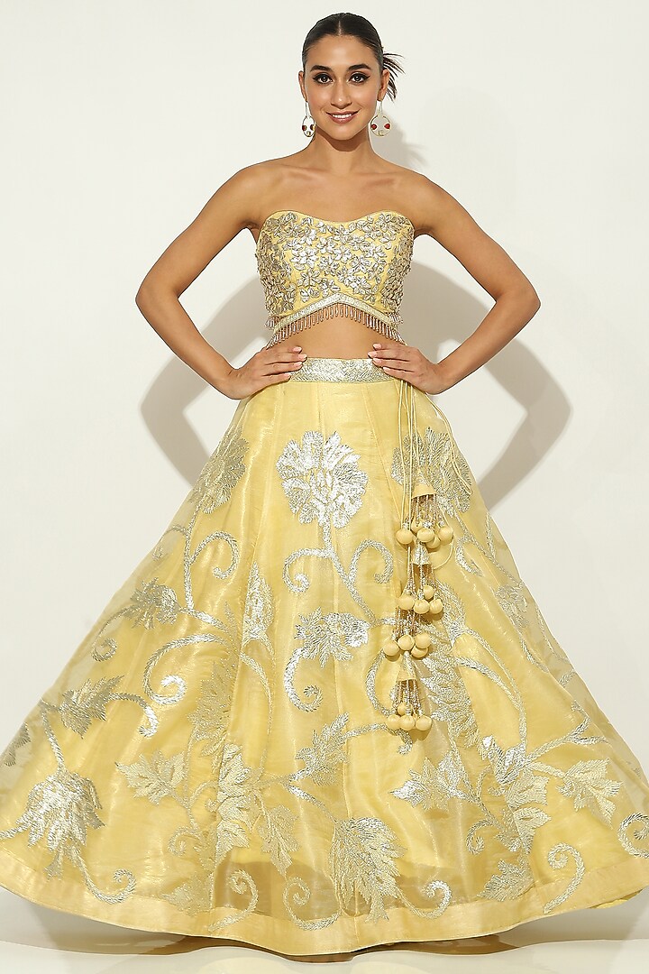 Yellow Shimmer Organza Gota Embellished Wedding Lehenga Set by Vandana Sethi at Pernia's Pop Up Shop