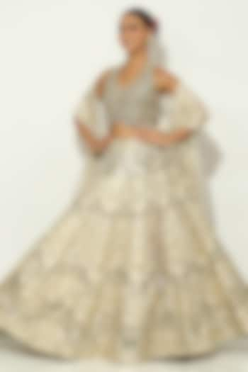 Ivory & Gold Shimmer Raw Silk Mirror Embellished Lehenga Set by Vandana Sethi