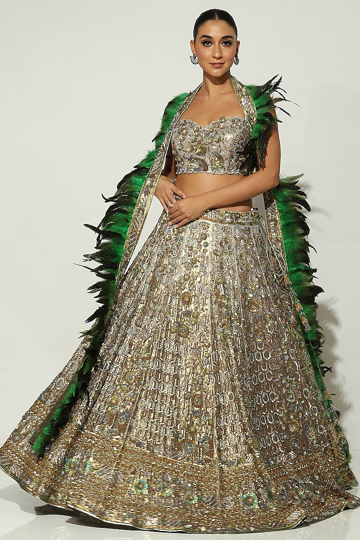 Peacock Green Shimmer Georgette Sequins Embroidered Bridal Lehenga Set by Vandana Sethi at Pernia's Pop Up Shop