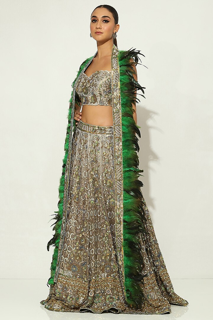 Peacock Green Shimmer Georgette Sequins Embroidered Bridal Lehenga Set by Vandana Sethi at Pernia's Pop Up Shop