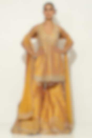 Mustard Dupion Silk Mirror Embellished Sharara Set by Vandana Sethi at Pernia's Pop Up Shop