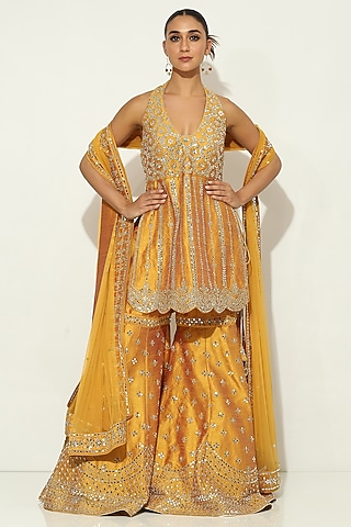 Mustard Dupion Silk Mirror Embellished Sharara Set by Vandana Sethi