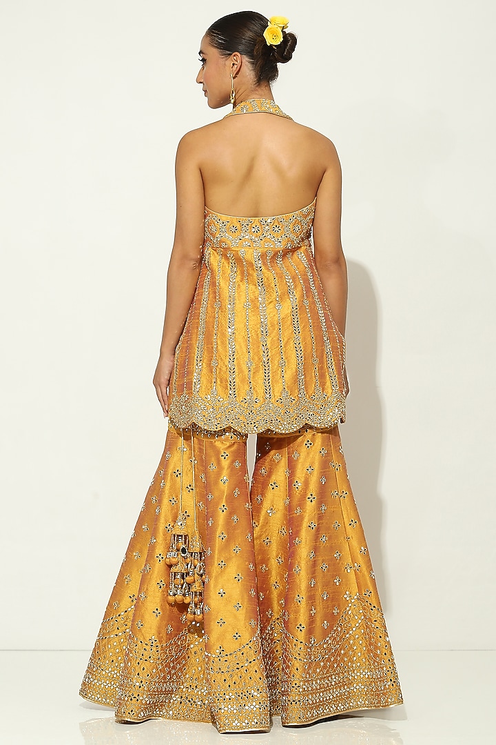 Mustard Dupion Silk Mirror Embellished Bridal Sharara Set by Vandana Sethi at Pernia's Pop Up Shop