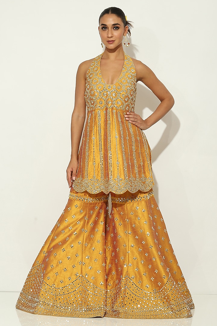 Mustard Dupion Silk Mirror Embellished Bridal Sharara Set by Vandana Sethi at Pernia's Pop Up Shop