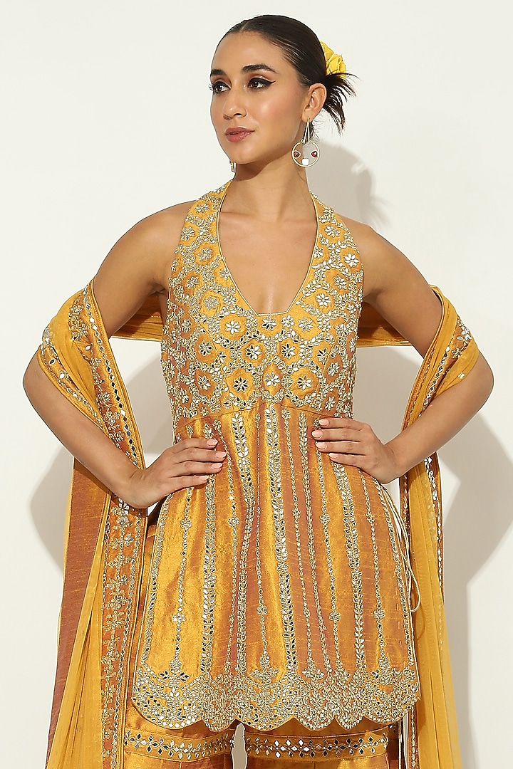 Mustard Dupion Silk Mirror Embellished Bridal Sharara Set by Vandana Sethi at Pernia's Pop Up Shop
