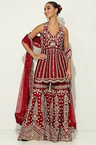 Wine Dupion Silk Mirror Embellished Sharara Set by Vandana Sethi