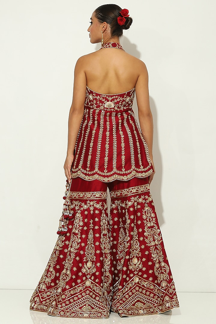 Wine Dupion Silk Mirror Embellished Bridal Sharara Set by Vandana Sethi at Pernia's Pop Up Shop