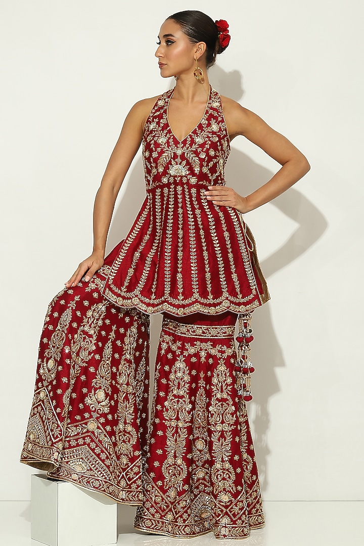 Wine Dupion Silk Mirror Embellished Bridal Sharara Set by Vandana Sethi at Pernia's Pop Up Shop