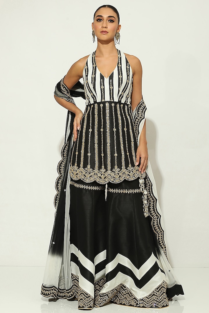 Black & White Dupion Silk Mirror Embellished Gharara Set by Vandana Sethi