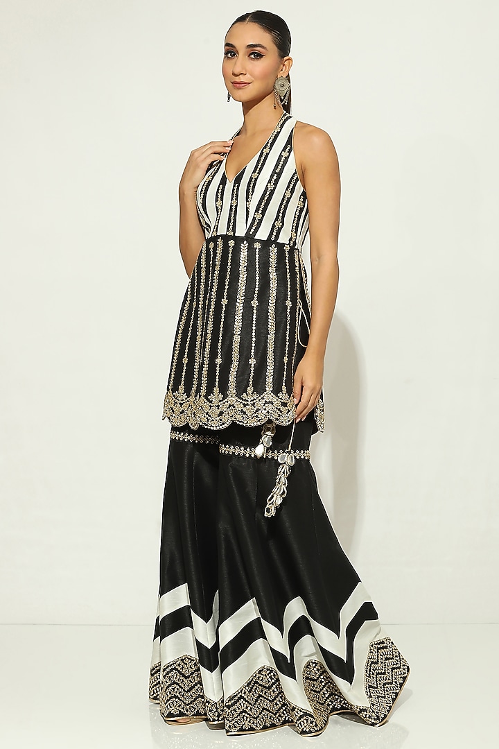 Black & White Dupion Silk Mirror Embellished Gharara Set by Vandana Sethi at Pernia's Pop Up Shop