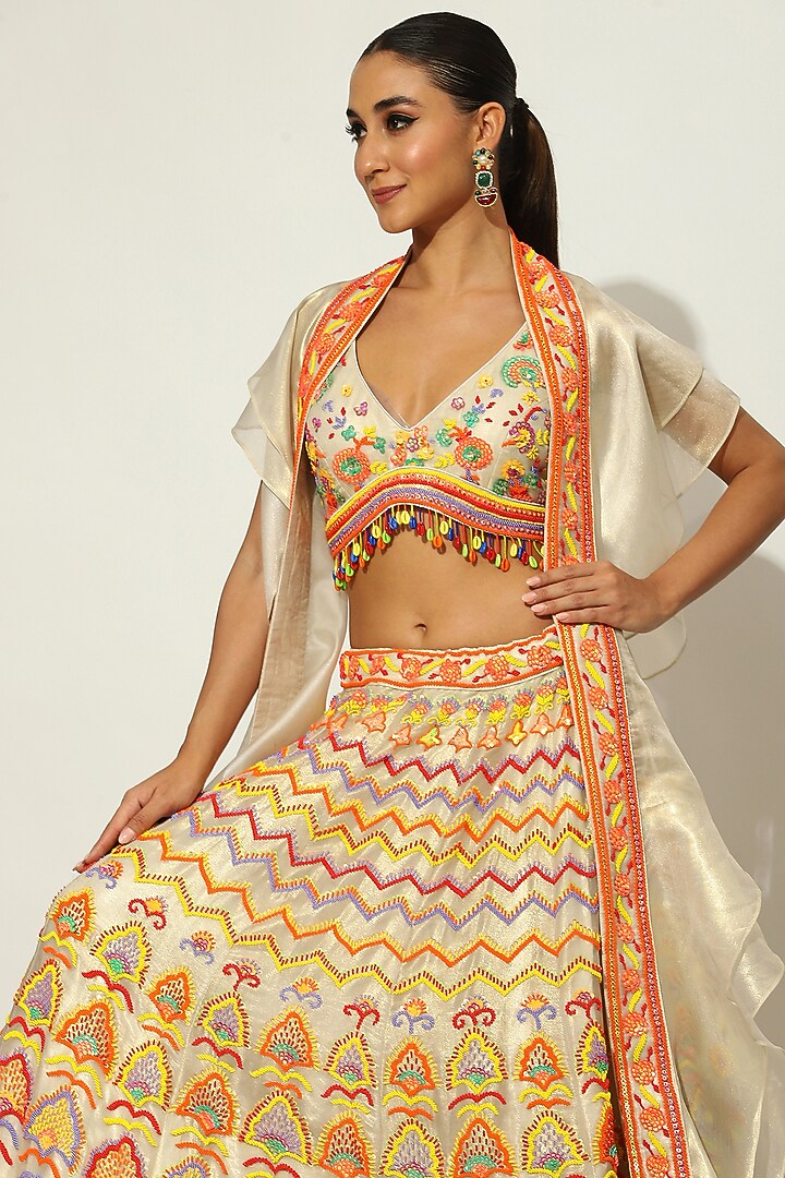 Ivory Shimmer Raw Silk Bead Embellished Bridal Lehenga Set by Vandana Sethi at Pernia's Pop Up Shop