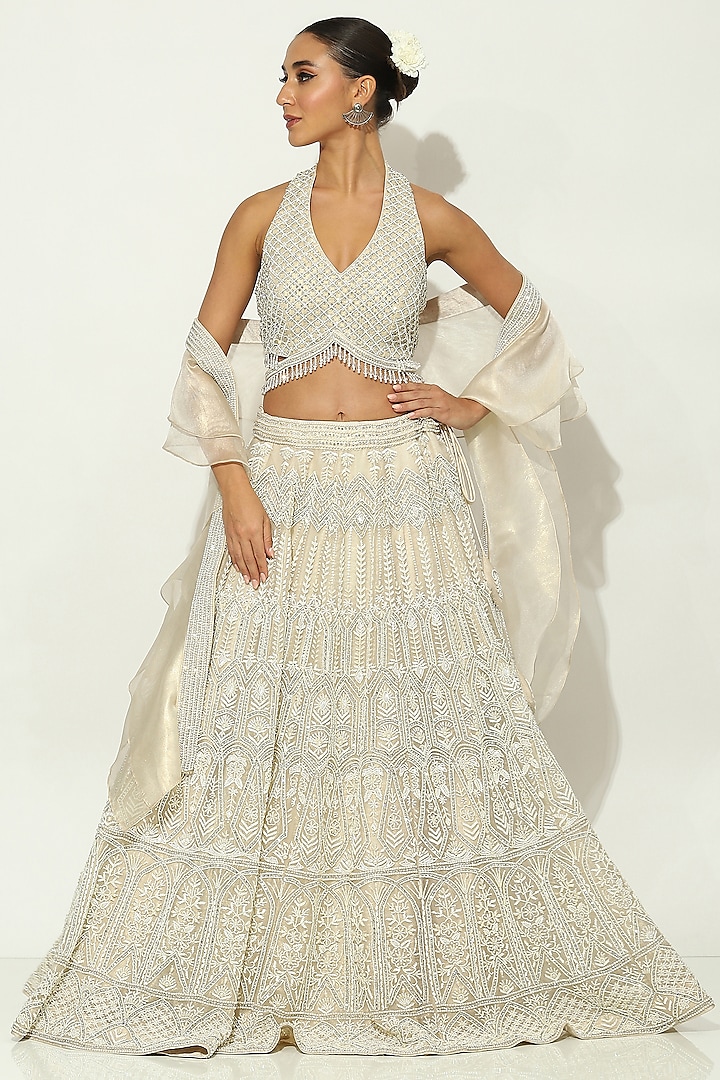 Ivory Shimmer Organza Mirror & Zircons Embellished Lehenga Set by Vandana Sethi