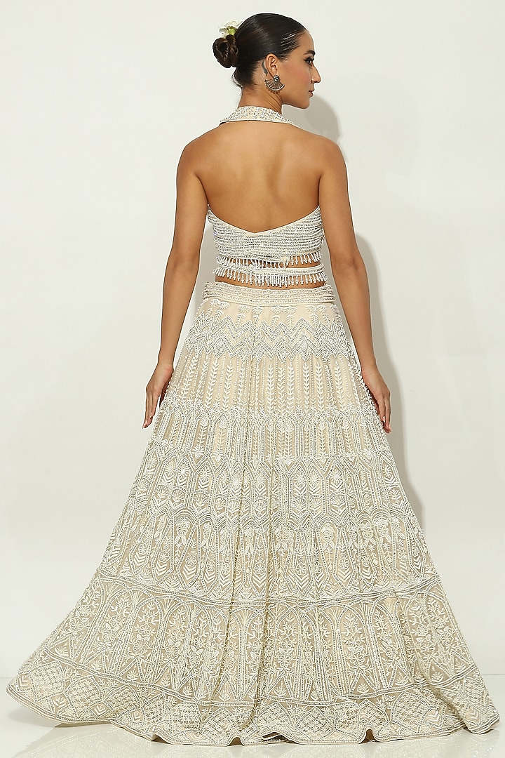 Ivory Shimmer Organza Mirror & Zircons Embellished Bridal Lehenga Set by Vandana Sethi at Pernia's Pop Up Shop
